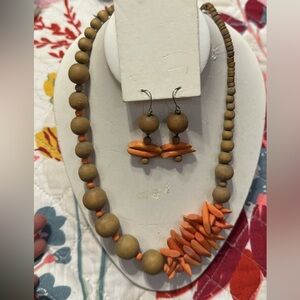 Wooden Bead Necklace and Earring Set - Orange and Brown